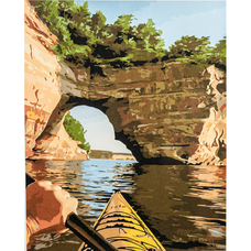 Картина за номерами Strateg ПРЕМІУМ Озеро та човен з лаком розміром 40х50 см VA-3387