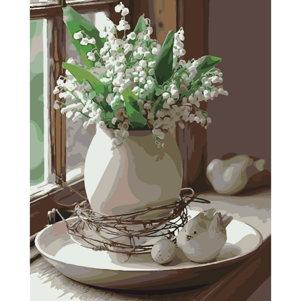 Фото, Видеообзоры картина за номерами strateg конвалії у вазі на кольоровому фоні розміром 40х50 см (sy6464)