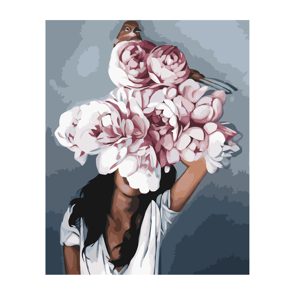 Фото, Відеоогляди картина за номерами strateg  преміум дівчина з рожевими півоніями з лаком та рівнем 40х50 см va-3030