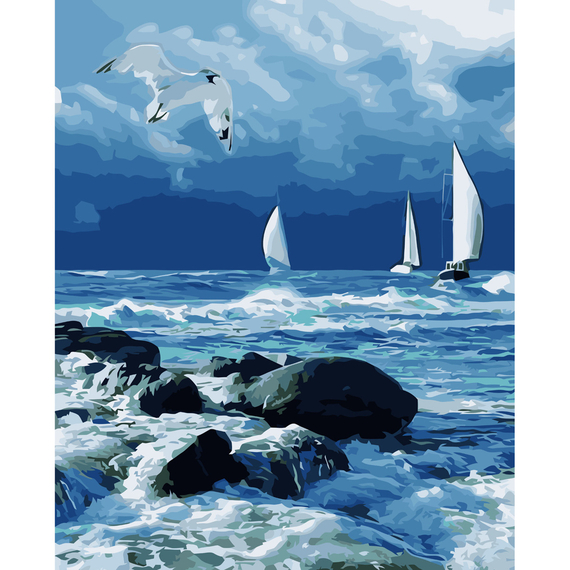 Картина за номерами Strateg ПРЕМІУМ Вітрильники на морі з лаком розміром 40х50 см VA-3625