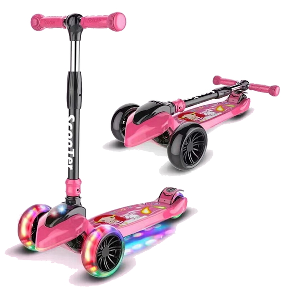Триколісний дитячий самокат складний з світящими колесами Рожевий 806955