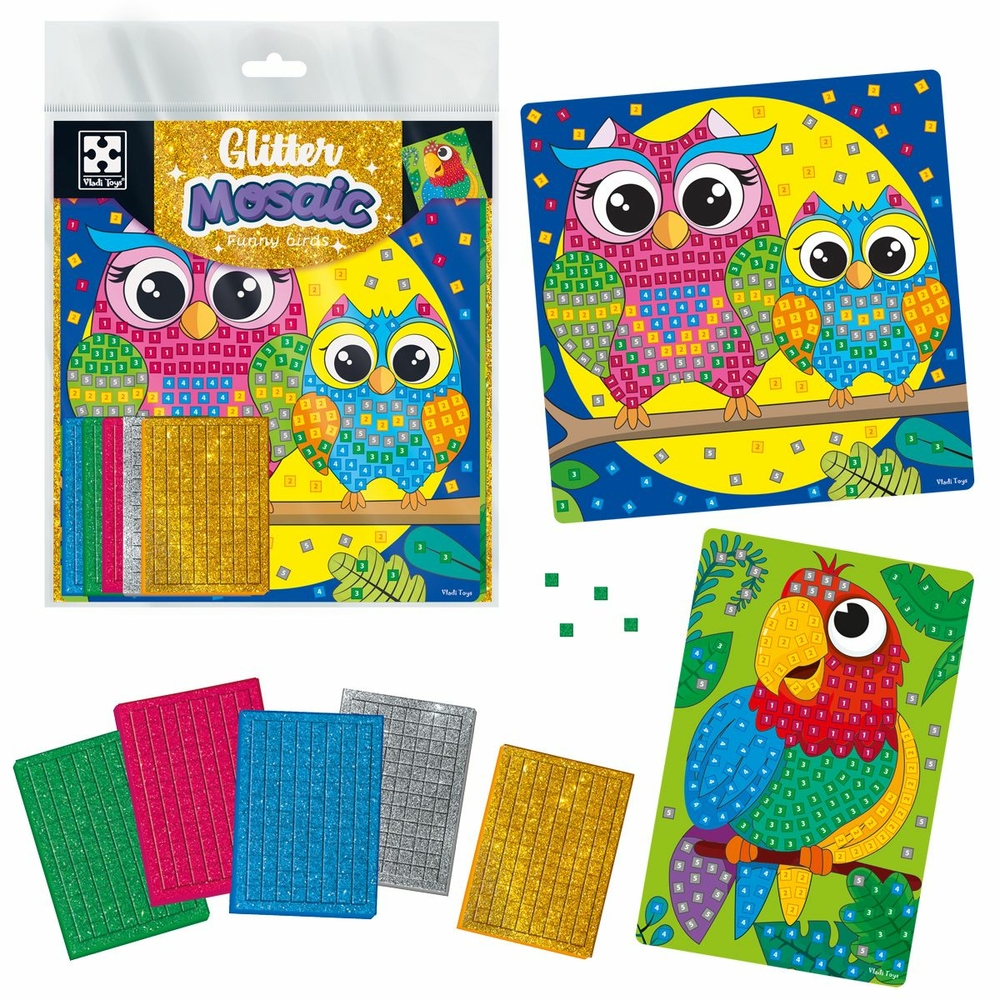 Фото, Відеоогляди набір для творчості vladi toys зі блискучою мозаїкою «сова та папуга» vt4511-14