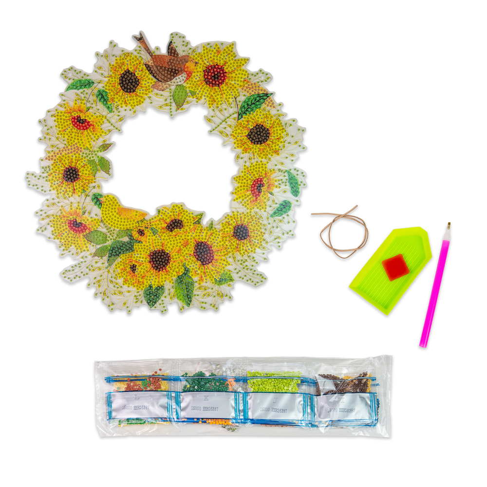 Фото, Видеообзоры алмазна мозаїка strateg преміум віночок із соняшників підвісний розміром 30х30 см (hhe26387)