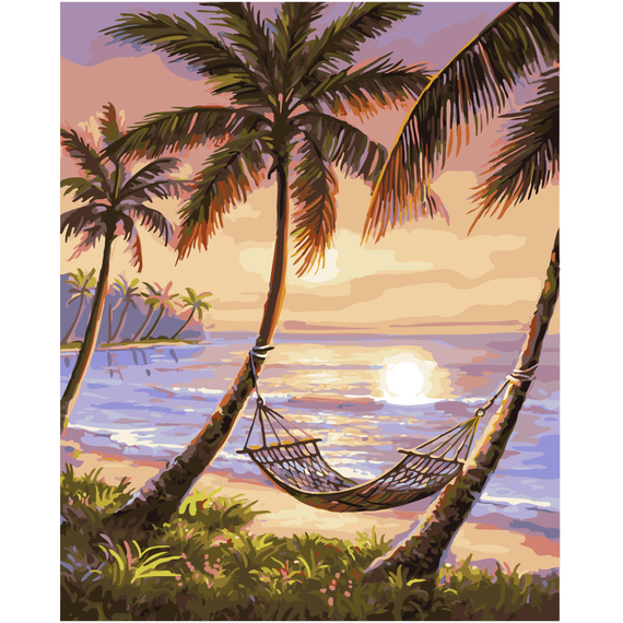 Картина за номерами Strateg ПРЕМІУМ Відпочинок в гамаку з лаком розміром 40х50 см SY6591