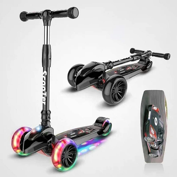 Дитячий самокат триколісний складається з  світящими колесами Чорний 806954