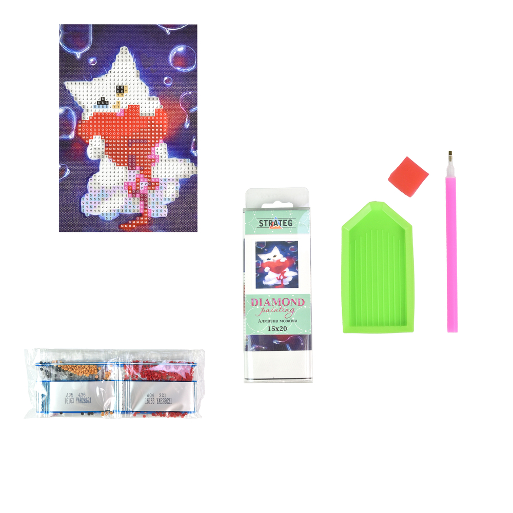 Фото, Відеоогляди алмазна мозаїка strateg преміум котик з сердечком без підрамника розміром 10х15 см (yab28621)