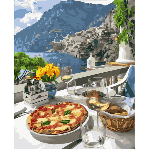 Картина за номерами Strateg ПРЕМІУМ Сніданок у горах з лаком розміром 40х50 см VA-3216