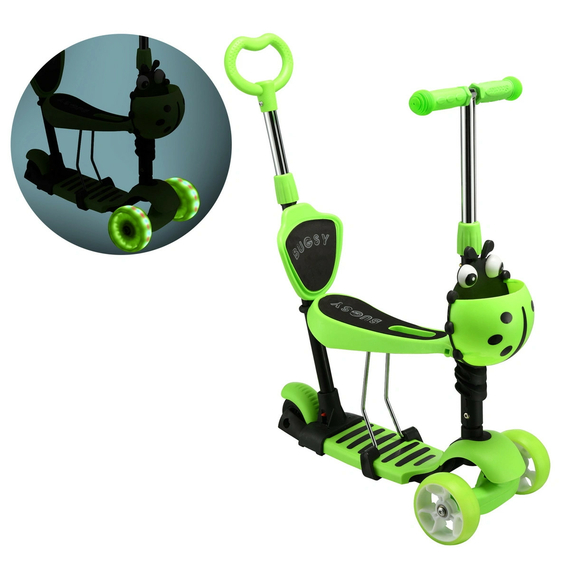 Самокат-велобіг дитячий з батьківською ручкою, світяться колеса "Бедрик" (5в1) зелений XTH-838 green