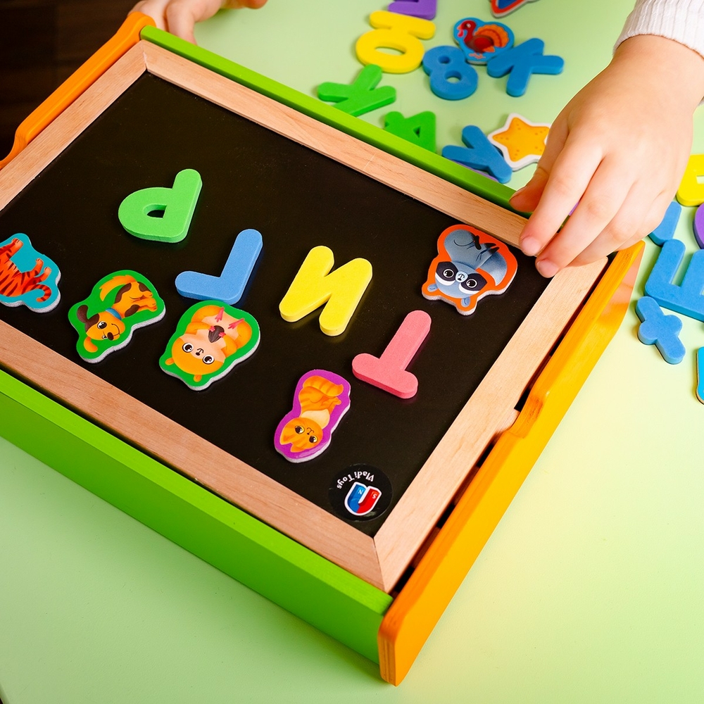 Фото, Відеоогляди магнітний набір 2 в 1 «абетка та математика» в дерев'яній коробці vt5411-17