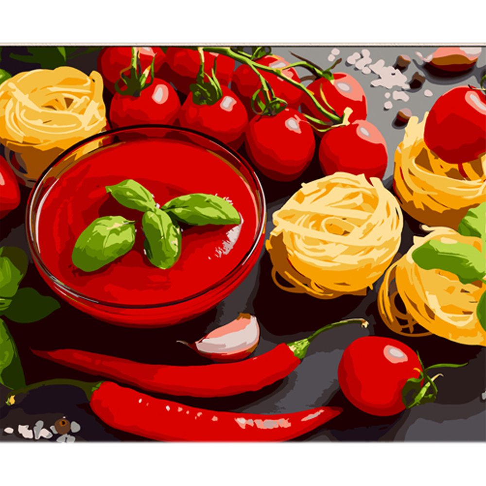 Фото, Видеообзоры картина за номерами strateg паста з чилі та томатами на кольоровому фоні розміром 40х50 см (mz073)