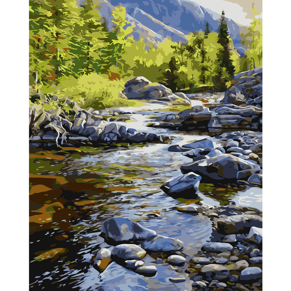 Картина за номерами Strateg ПРЕМІУМ Гірська річка з лаком розміром 40х50 см VA-1453