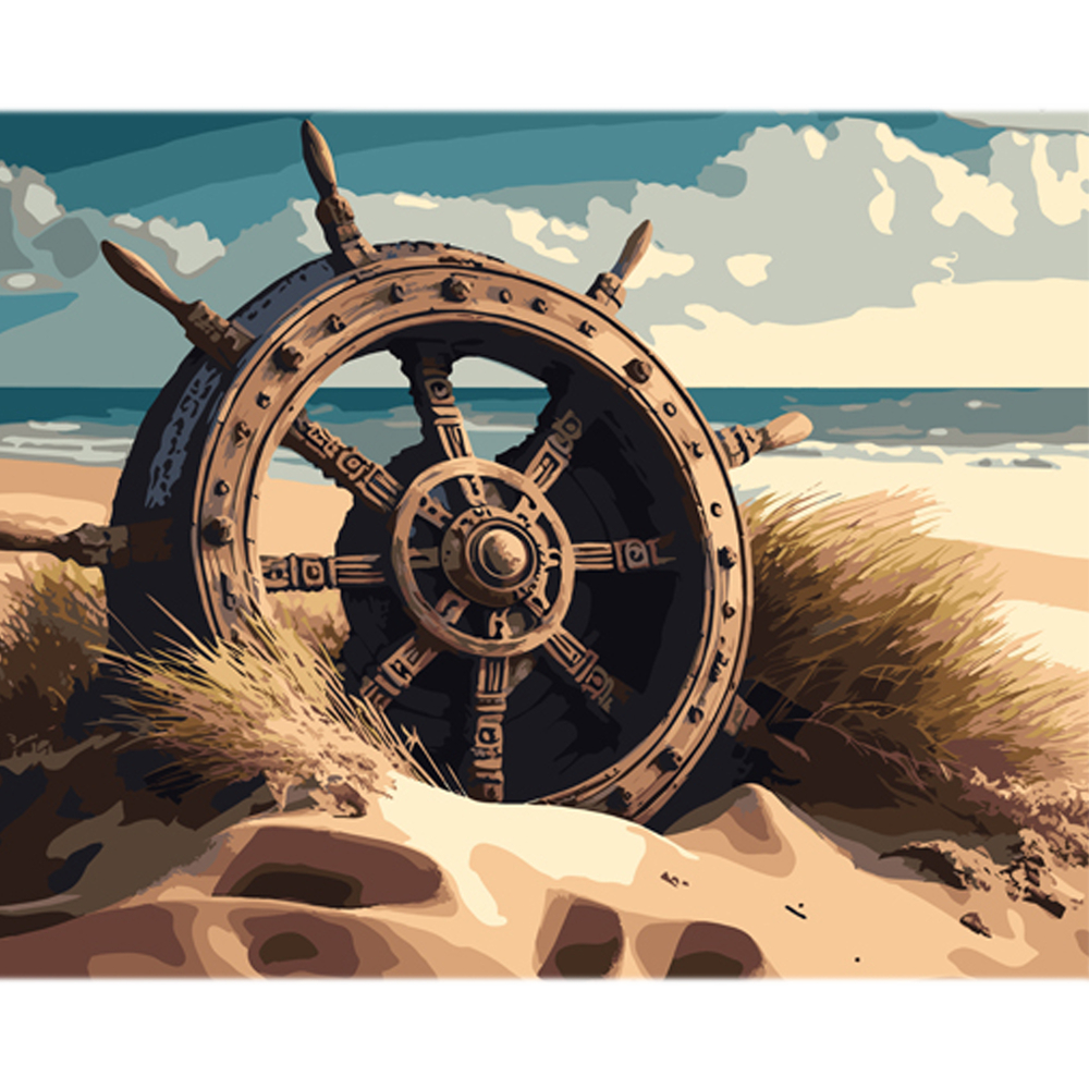 Фото, Відеоогляди картина за номерами strateg морський штурвал на пляжі на кольоровому фоні розміром 40х50 см (mz070)
