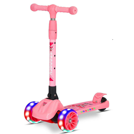 Детский трехколесный самокат светящиеся колеса и складная ручка розовый XTH-601 pink