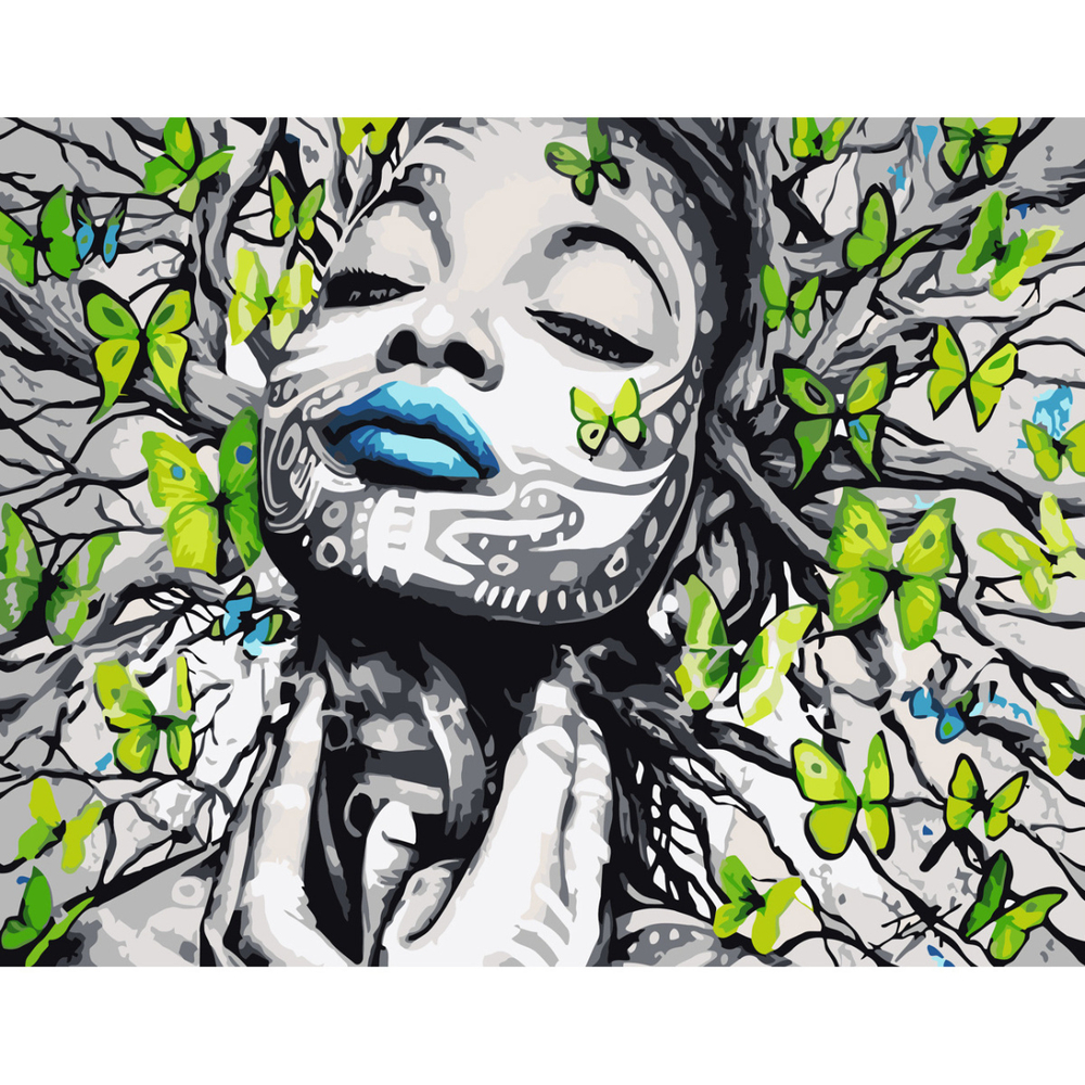 Фото, Видеообзоры картина за номерами strateg преміум метелики біля обличчя з лаком та з рівнем розміром 40х50 см (ss6479)