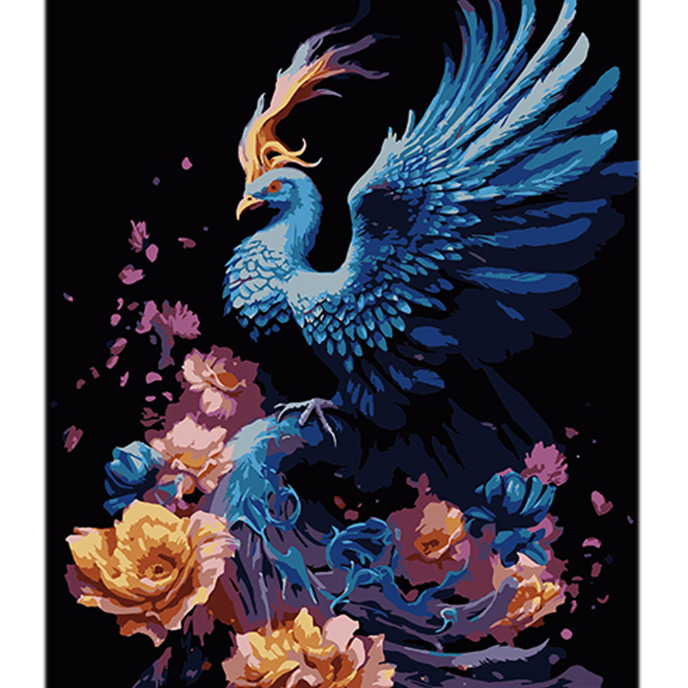 Фото, Видеообзоры картина за номерами strateg преміум фенікс в квітковому полум'ї на чорному фоні розміром 40х50 см (ah1121)