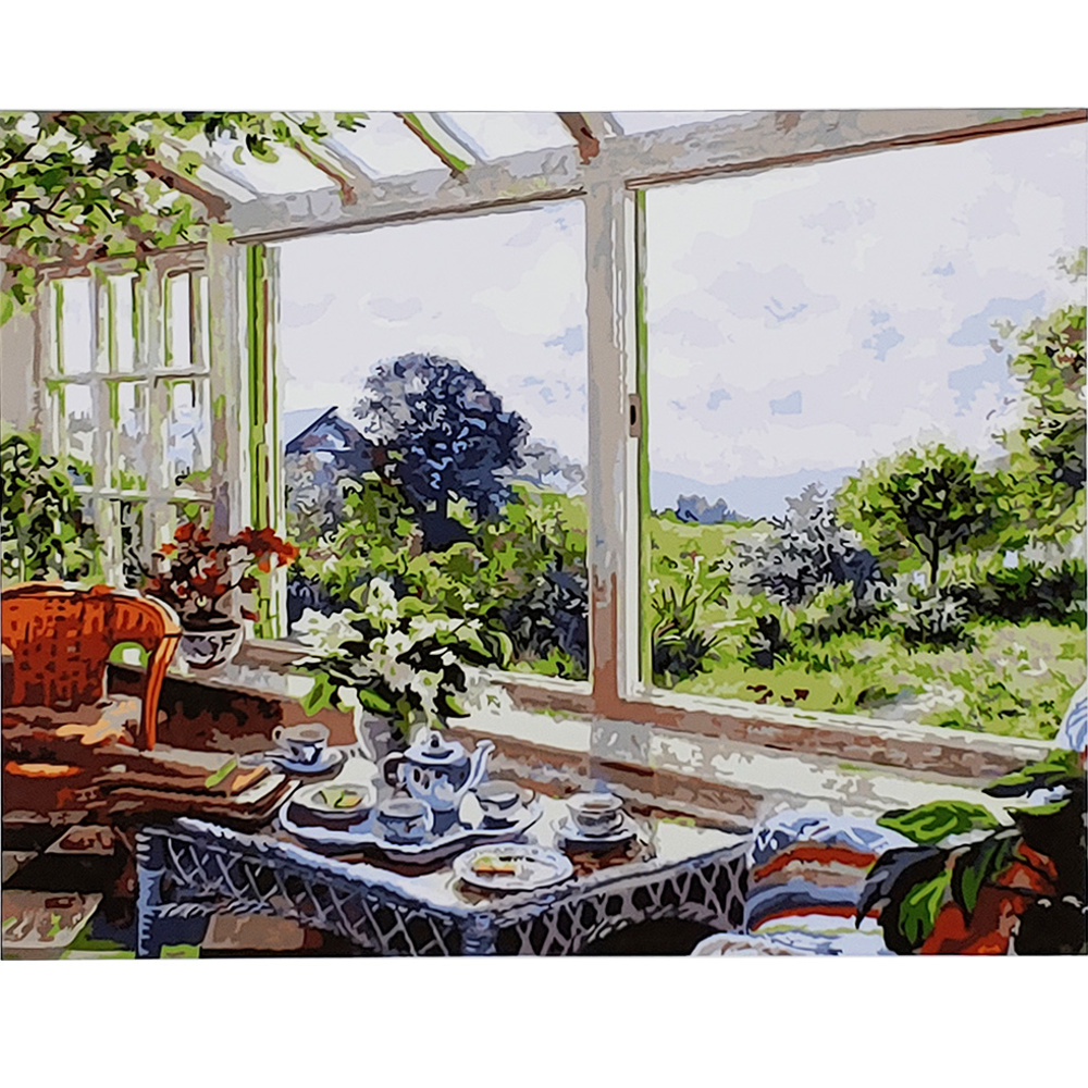 Фото, Видеообзоры картина за номерами strateg преміум сніданок на веранді з лаком розміром 40х50 см (sy6606)