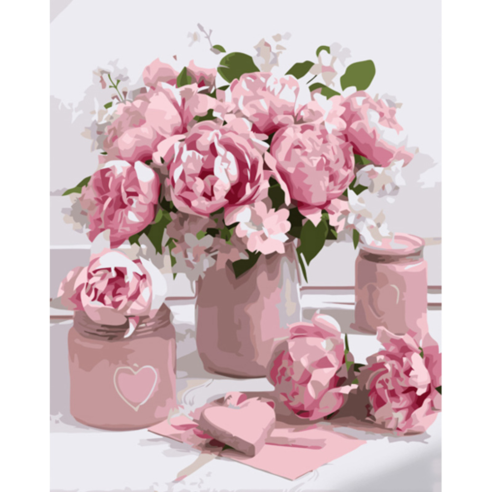 Фото, Видеообзоры картина за номерами strateg преміум рожеві півонії на столі з лаком розміром 40х50 см (gs1225)
