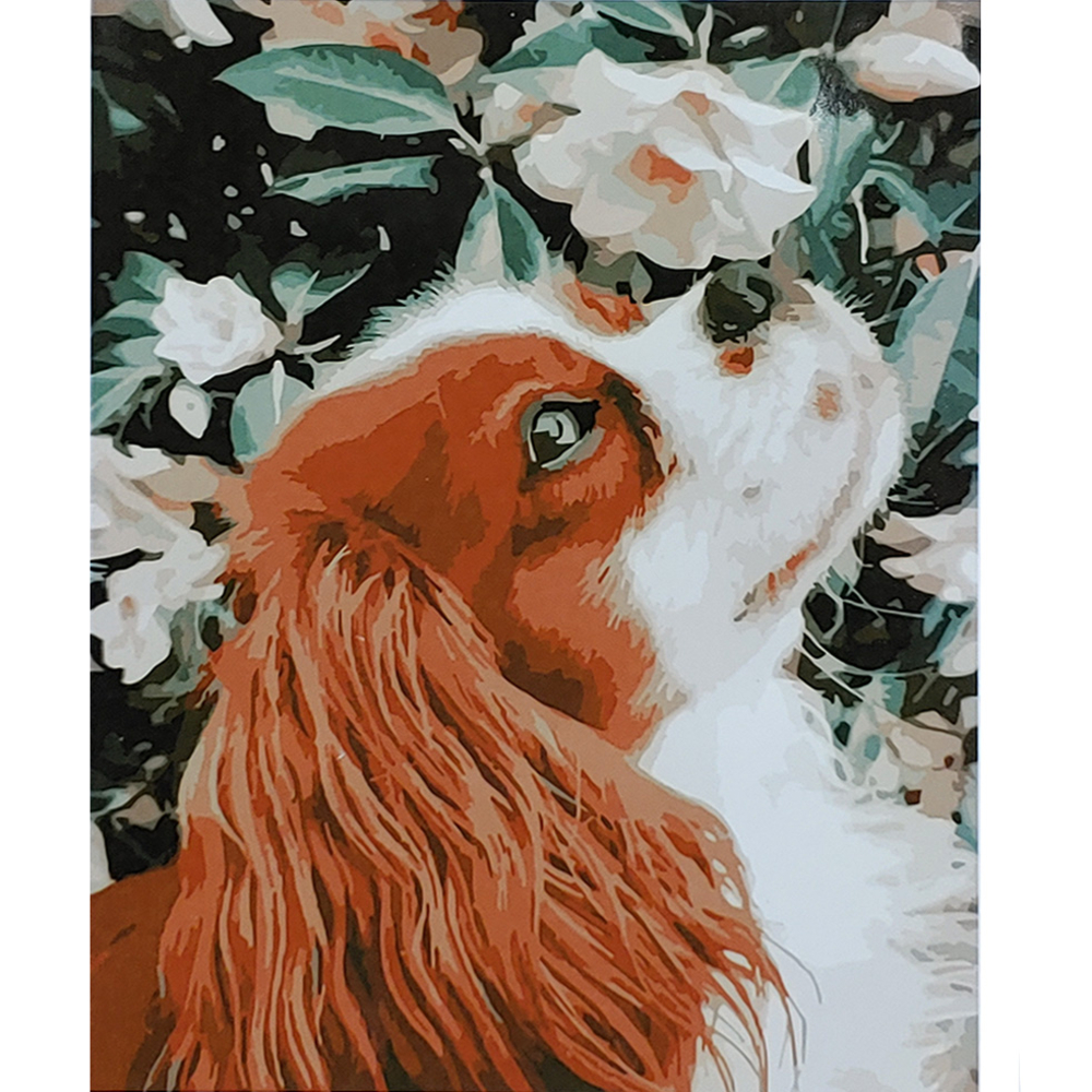 Фото, Відеоогляди картина за номерами strateg преміум песик в квітах з лаком розміром 40х50 см (sy6829)