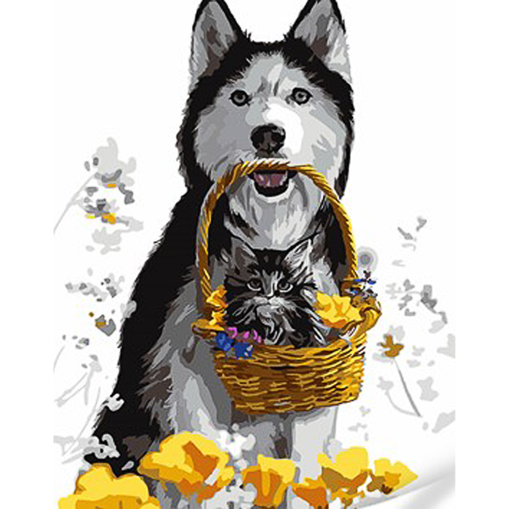 Фото, Видеообзоры картина за номерами strateg преміум хаскі та кошеня у кошику з лаком та з рівнем розміром 30х40 см (ss1060)
