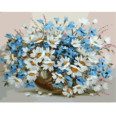 Картина за номерами Strateg ПРЕМІУМ Букет волошок з ромашками з лаком розміром 40х50 см VA-0668
