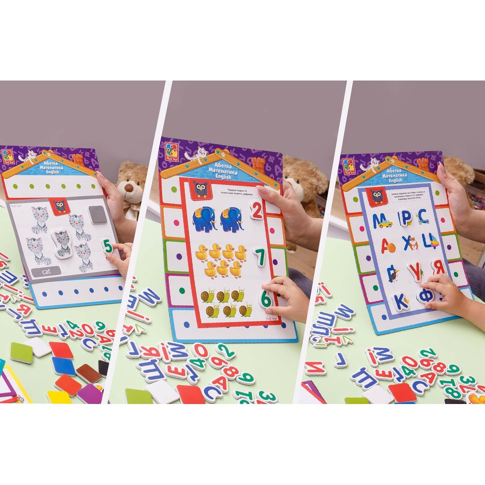 Фото, Видеообзоры магнітна гра з дошкою «3 в 1: english, абетка, математика» vt5412-04
