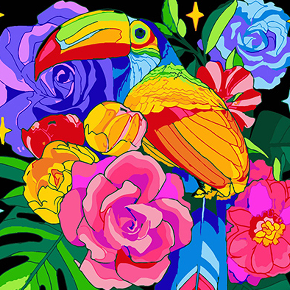 Фото, Видеообзоры картина за номерами strateg преміум тукан і квіткове багатство на чорному фоні розміром 40х40 см (av4040-69)