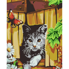 Картина за номерами Strateg ПРЕМІУМ Котик та метелик біля паркану з лаком розміром 30х40 см SS-6451