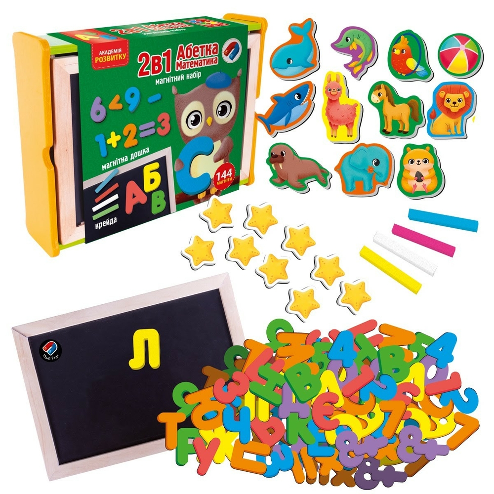 Фото, Відеоогляди магнітний набір 2 в 1 «абетка та математика» в дерев'яній коробці vt5411-17