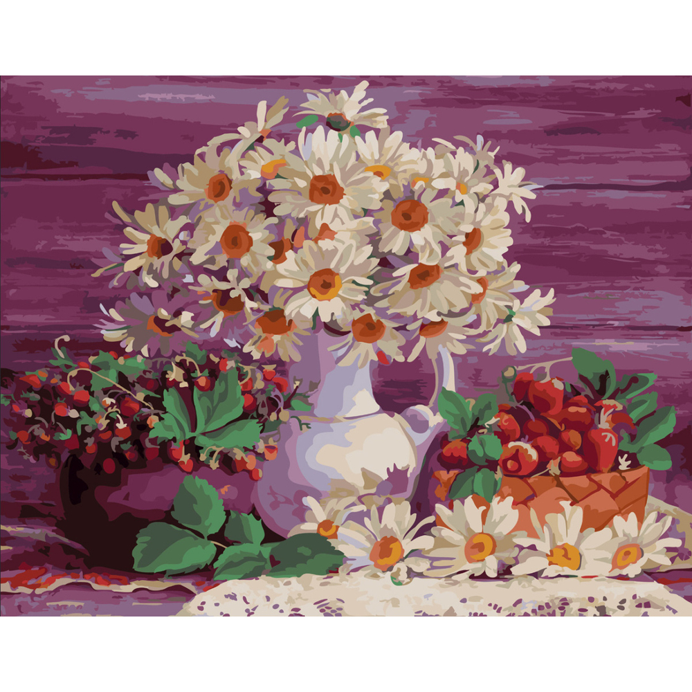 Фото, Відеоогляди картина за номерами strateg преміум ромашки та суниці з лаком розміром 40х50 см sy6598